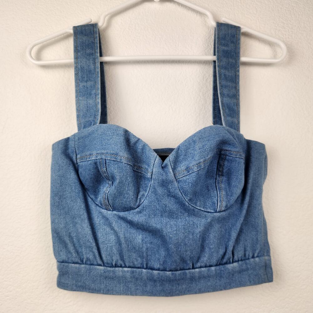Just Cavalli Blue Cropped Top Denim Padded Cups Size 40 US Small NWT